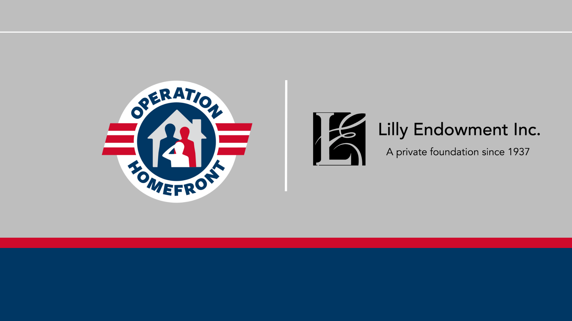 Operation Homefront logo beside the Lilly Endowment Inc. logo on a red, blue, and gray background.